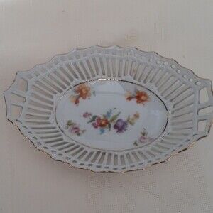 vintage Reticulated Floral dish ceramic bowl cottagecore serveware candy soap
